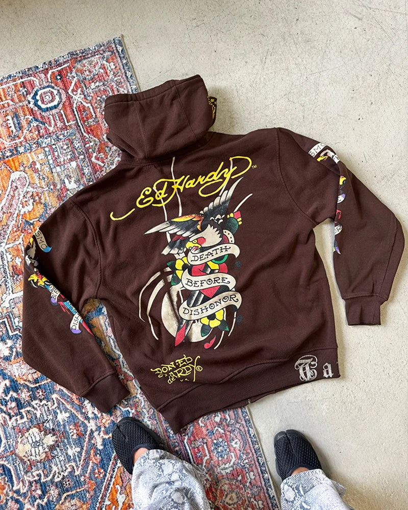 Vintage 90s hip hop clothing mix with authentic Ed Hardy graphic hoodies, oversized tees, baggy 90s Denim and streetwear from the golden era of rap fashion.