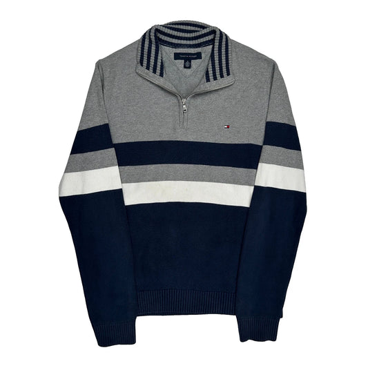 Vintage Tommy Hilfiger Striped 1/4 Zip - Medium Grey Cotton