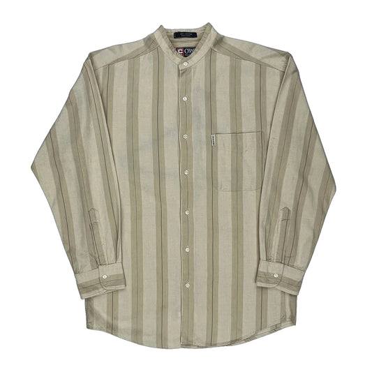 Chaps Ralph Lauren Striped Collarless Shirt - Medium Beige Cotton