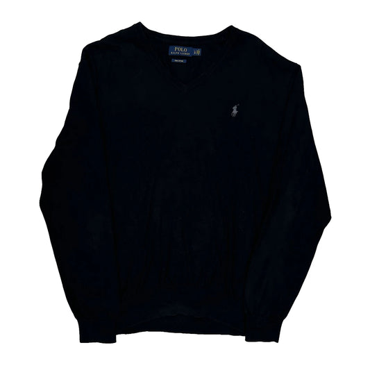Vintage Polo By Ralph Lauren V-Neck Jumper - Large Black Cotton