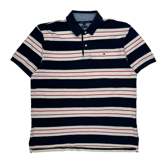 Vintage Tommy Hilfiger Striped Polo Shirt - XL Navy Cotton