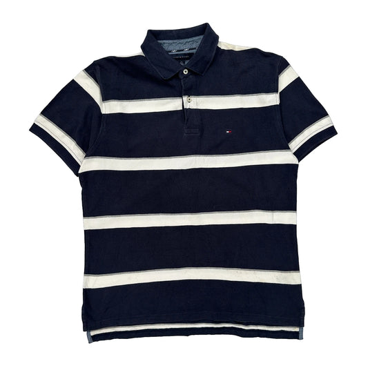 Tommy Hilfiger Striped Polo Shirt - Large Navy Cotton