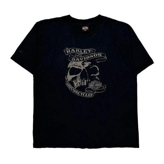 Vintage Skull Design Harley Davidson Graphic T-Shirt - 2XL Black Cotton