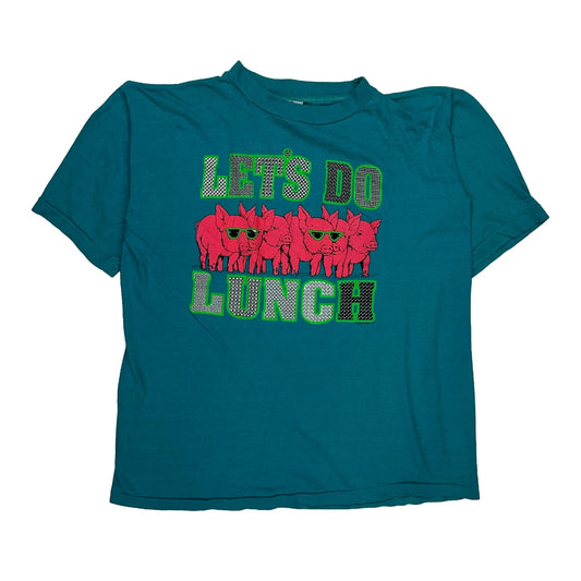 Vintage Let'S Do Lunch Text With Pigs Poly Tees Single Stitch T-Shirt - XL Blue Cotton