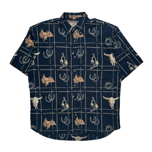 Vintage Bit & Bridle Short Sleeve Shirt - Large Blue Cotton