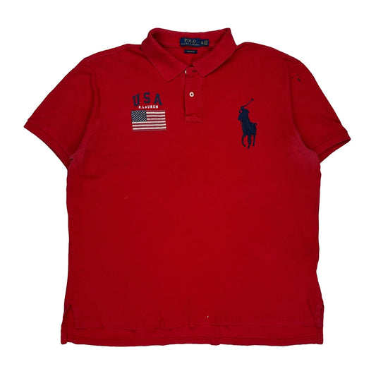 USA Flag Patch Polo By Ralph Lauren Polo Shirt - 2XL Red Cotton