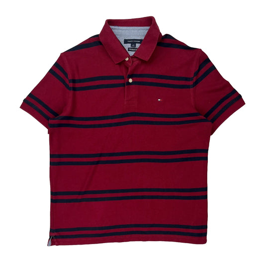 Tommy Hilfiger Striped Polo Shirt - Large Burgundy Cotton