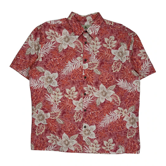 Island Shores Floral Hawaiian Shirt - Large Red Cotton