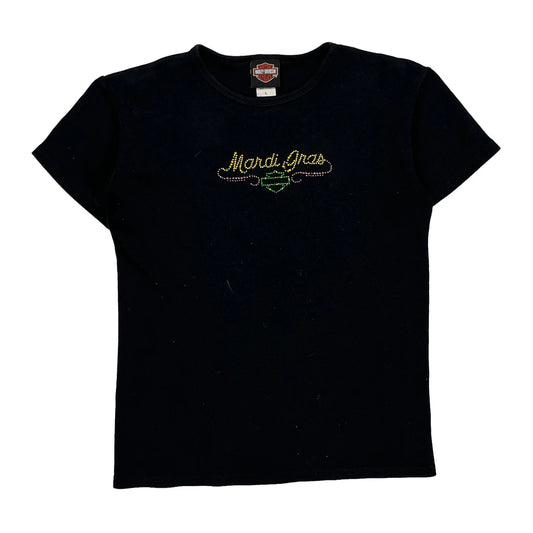 Mardi Gras Harley Davidson Graphic T-Shirt - Large Black Cotton