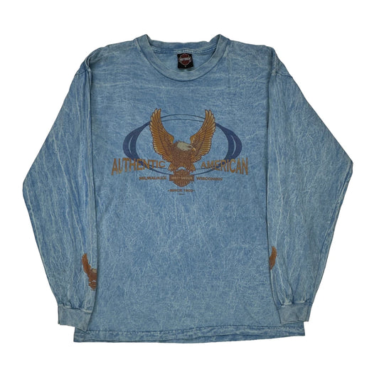 Harley Davidson Graphic Long Sleeve T-Shirt - Large Blue Cotton