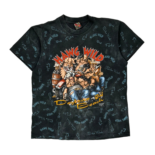 1994 Daytona Bike Week Hawg Wild 3D Emblem Graphic T-Shirt - Large Black Cotton