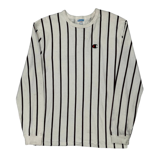 Champion Striped Long Sleeve T-Shirt - Large White Cotton