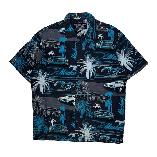 Vintage Mustang Newport Blue Graphic Hawaiian Shirt - Large Blue Cotton