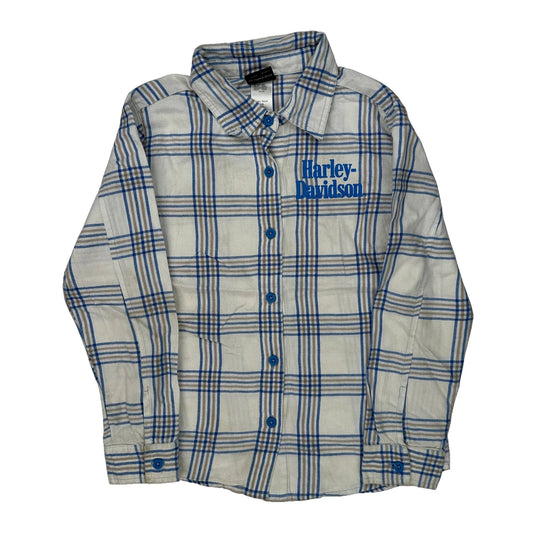 Age 7-8 Harley Davidson Checked Shirt - Small Blue Cotton