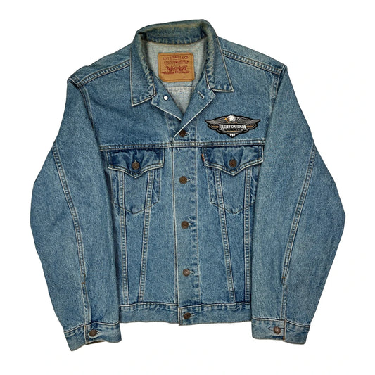 Harley Davidson Patch Levis Graphic Denim Jacket - Large Blue Denim