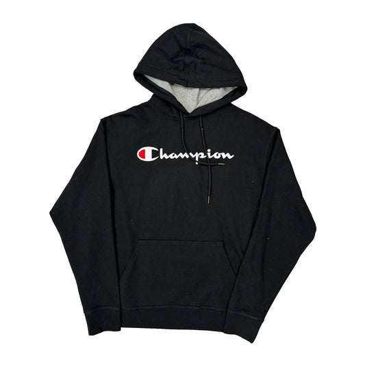 Vintage Champion Spellout Hoodie - Large Black Cotton