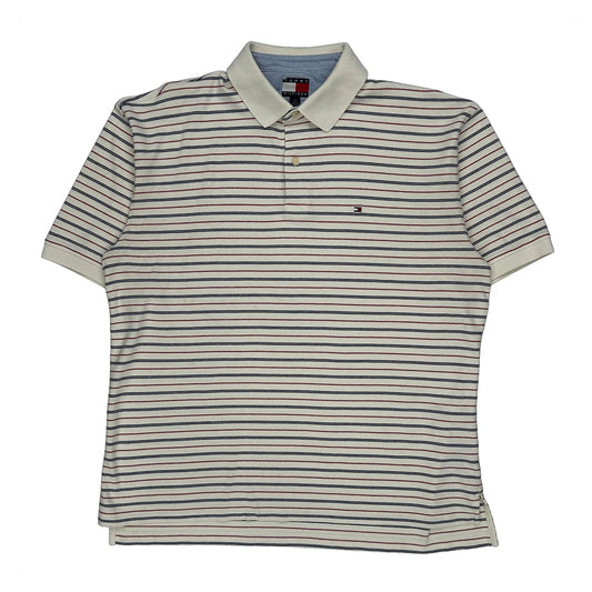 Vintage Tommy Hilfiger Striped Polo Shirt - Large Cream Cotton
