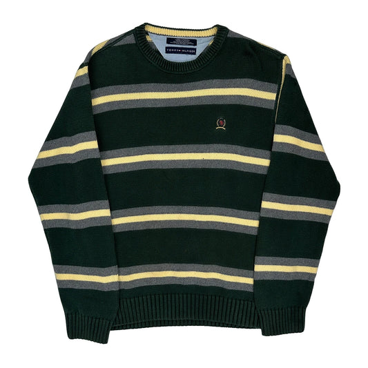 Tommy Hilfiger Striped Jumper - Large Green Cotton