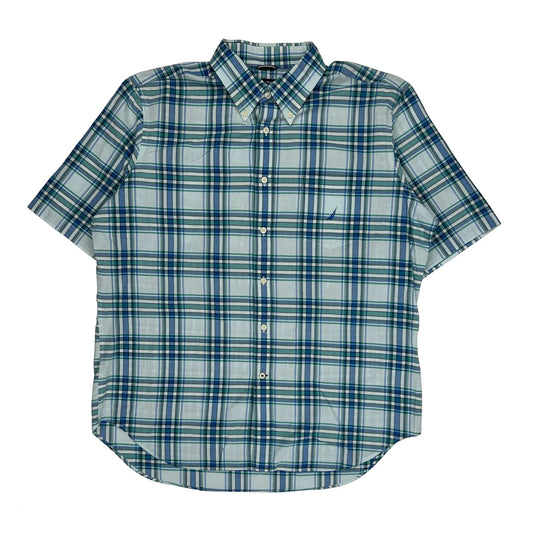 Vintage Nautica Checked Short Sleeve Shirt - XL Blue Cotton