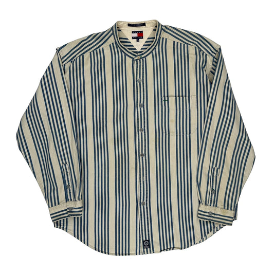 Tommy Hilfiger Striped Collarless Shirt - XL Blue Cotton