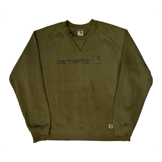 Carhartt Spellout Sweatshirt - Large Khaki Cotton Blend