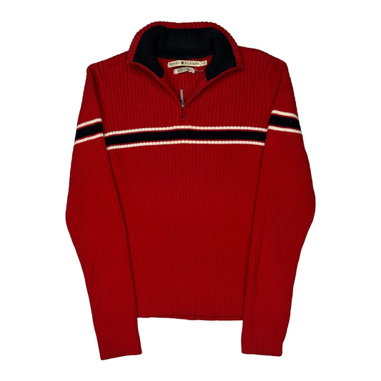 Tommy Hilfiger Striped 1/4 Zip - Large Red Knitted