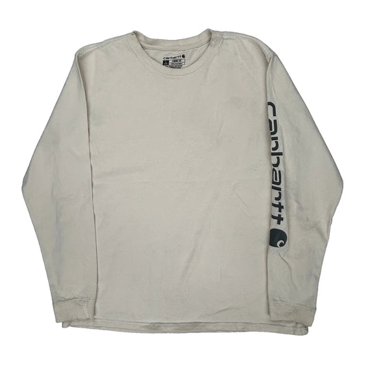 Age 12-14 Carhartt Spellout Long Sleeve T-Shirt - Large Cream Cotton