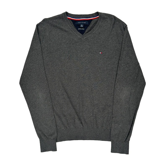 Tommy Hilfiger V-Neck Jumper - Large Grey Cotton Blend