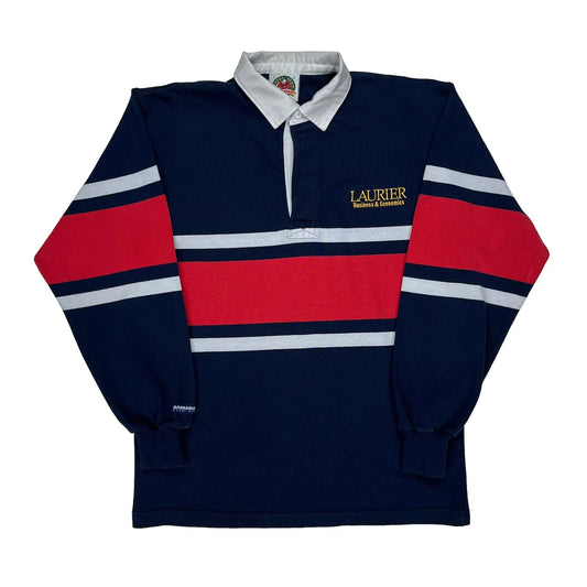 Vintage Barbarian Striped Rugby Shirt - Large Navy Cotton