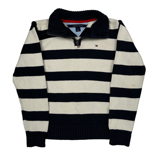 Vintage Age 7 Tommy Hilfiger Striped 1/4 Zip - Small Black & White Cotton