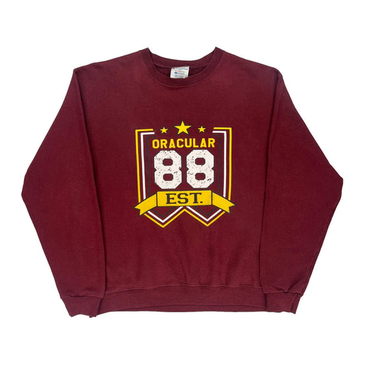 Oracular 88 Est. Champion Graphic Sweatshirt - Large Burgundy Cotton Blend