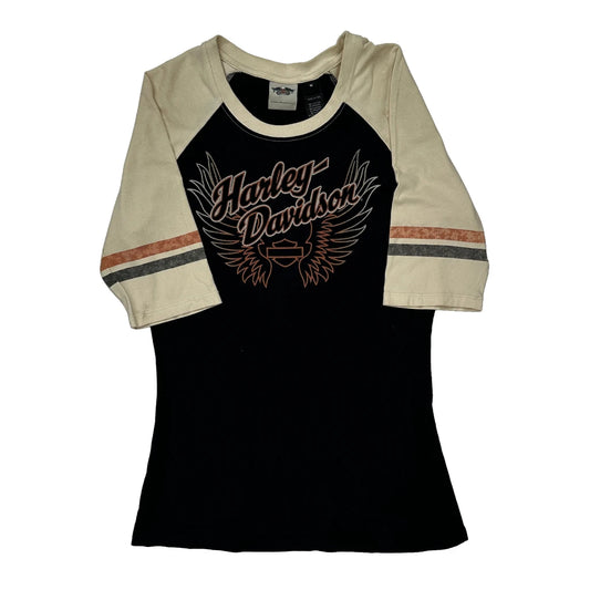Harley Davidson Graphic Long Sleeve T-Shirt - Medium Cream Cotton