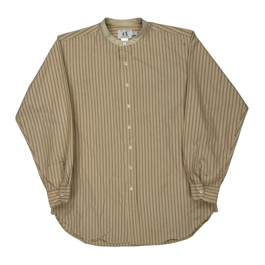 Armani Exchange Striped Collarless Shirt - Small Beige Cotton