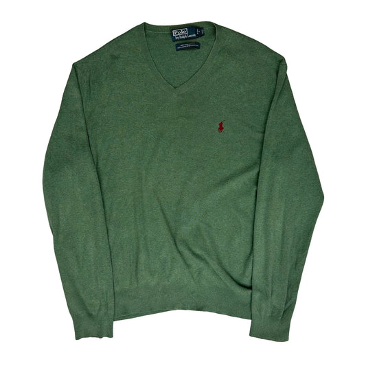 Polo By Ralph Lauren V-Neck Jumper - Large Green Cotton