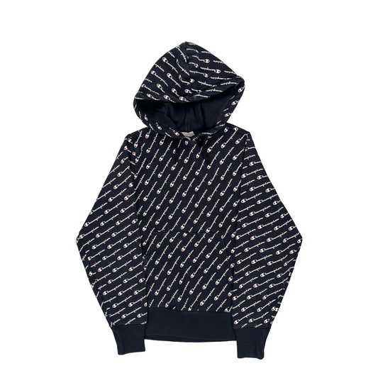 Reverse Weave Champion Spellout Hoodie - Small Navy Cotton
