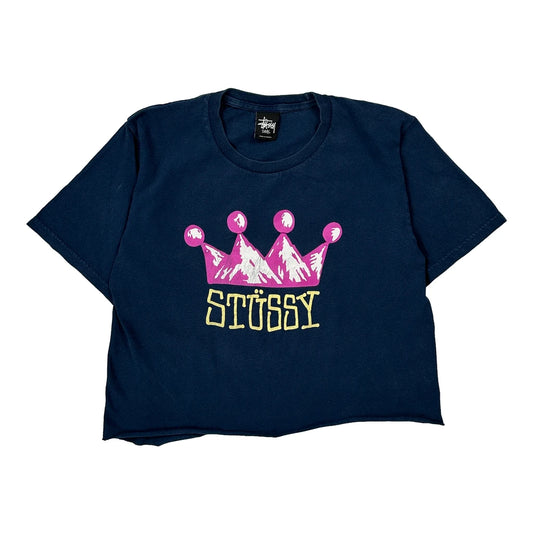 Crown Stussy Cropped T-Shirt - Small Blue Cotton