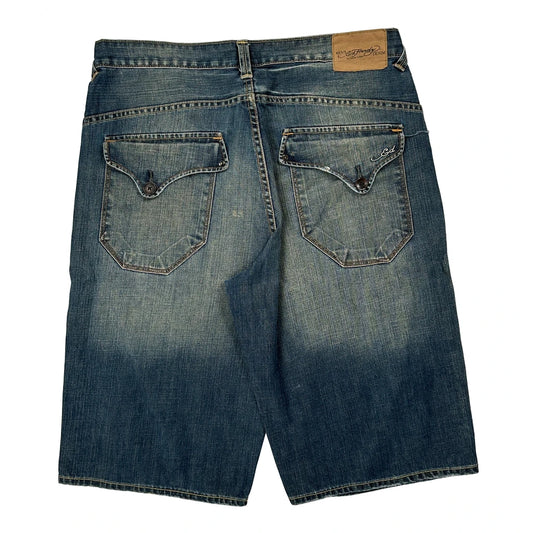 Ed Hardy Patch Pocket Baggy Denim Shorts - 35W 15L Blue Denim