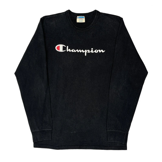 Champion Spellout Long Sleeve T-Shirt - Large Black Cotton