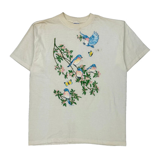 Birds Single Stitch Graphic T-Shirt - XL Cream Cotton Blend