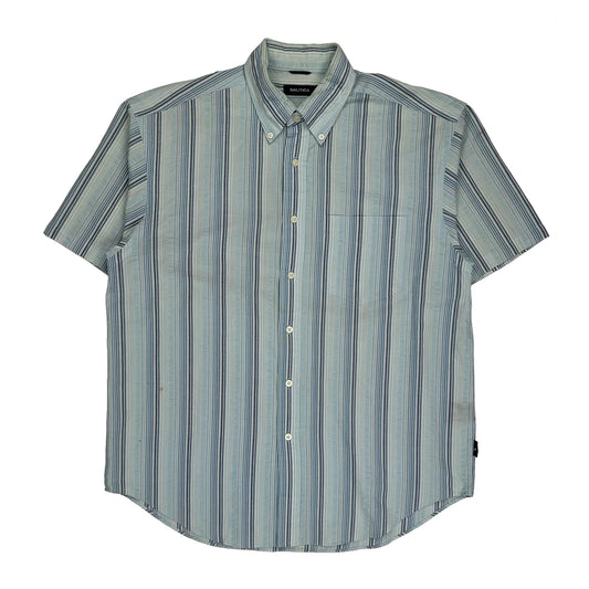 Nautica Striped Short Sleeve Shirt - Large Blue Cotton