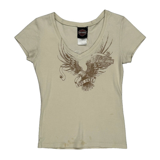 Ride Free Harley Davidson Graphic T-Shirt - Small Beige Cotton
