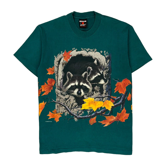 Raccoon Print Signal Sports Single Stitch T-Shirt - Medium Green Cotton