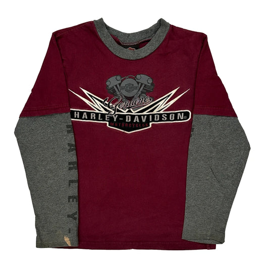 Age 8-10 Harley Davidson Graphic Long Sleeve T-Shirt - Medium Burgundy Cotton