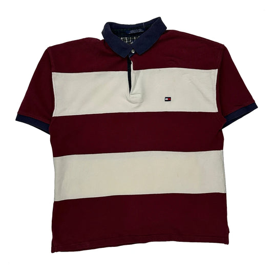 Vintage Tommy Hilfiger Striped Polo Shirt - XL Burgundy Cotton