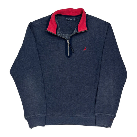 Nautica Collared 1/4 Zip - Large Blue Cotton Blend