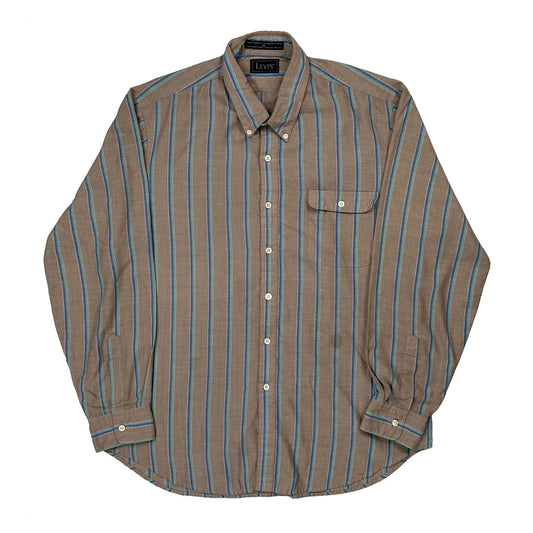 90S Levis Striped Shirt - XL Brown Polyester Blend