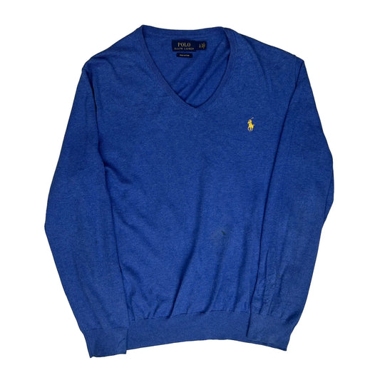 Polo By Ralph Lauren V-Neck Jumper - Large Blue Cotton