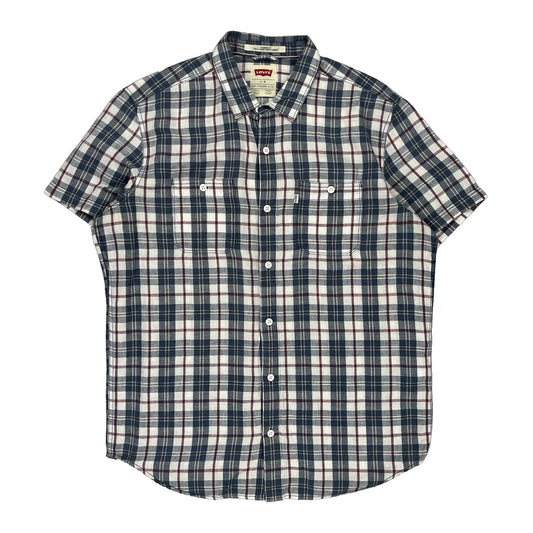 Levis Checked Short Sleeve Shirt - Large Blue Linen Blend