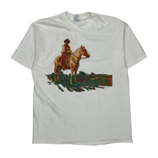 Cowboy On Horse Hanes Graphic T-Shirt - Large White Cotton