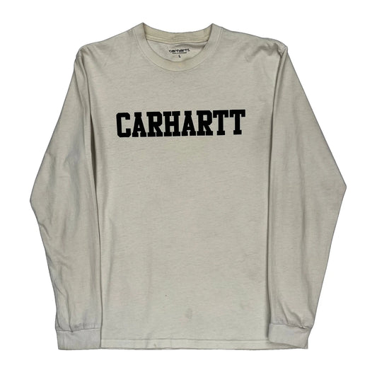 Work In Progress Carhartt Spellout Long Sleeve T-Shirt - Large Cream Cotton